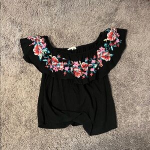 Peach Love California Black Floral Embroidered Blouse